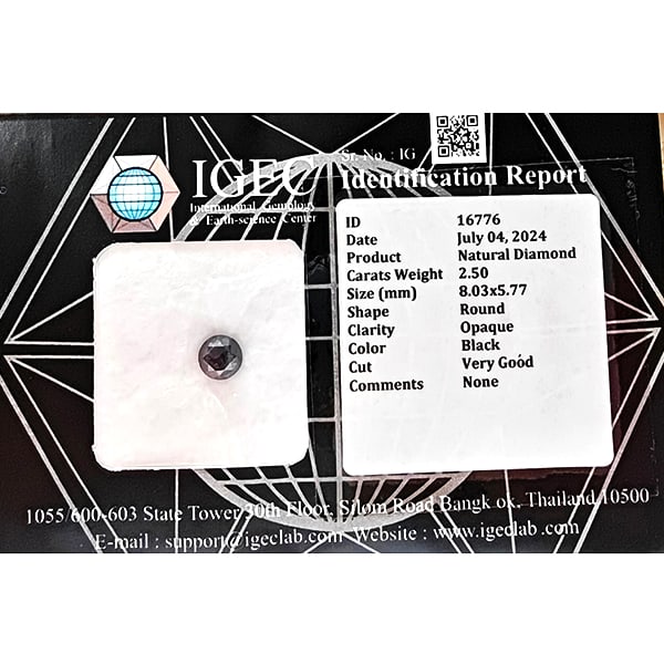 Natural Black Diamond 2.50 Ct. Round Brilliant Cut 8.03 x 5.77 Mm. From Belgium: Product ID: 502100407 Product Name: Natural Enhanced Diamond Weight: 2.50 CT. Size: 8.30 x 5.77 MM. Shape: Round Color: black Clarity:Opaque Luster: Very Good Gems Origin: Belgium Treatment: None Crys
