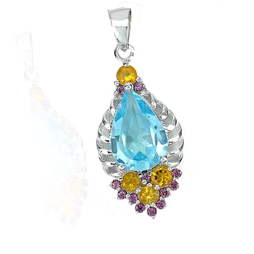Natural Blue Topaz Citrine and Garnet 925 Sterling Silver Pendant Jewelry Size 27 x 13 Mm. 3.09 G. (1 of 3)