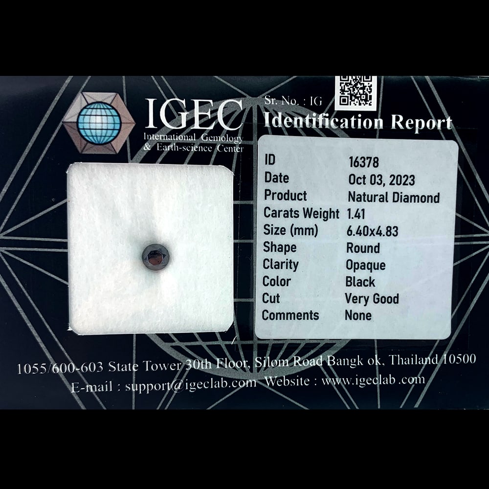 Natural Black Diamond 1.41 Ct. Round Brilliant Cut 6.40 x 4.83 Mm. From Belgium: Product ID: 502100036 Product Name: Natural Enhanced Diamond Weight: 1.41 CT. Size: 6.40 x 4.83 MM. Shape: Round Brilliant Cut Color: black Clarity:Opaque Luster: Good Gems Origin: Belgium Treatment: