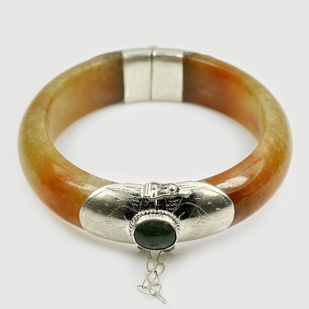 Natural Brown Honey Jade 388.77 Ct. Bangle Round Cabochon Shape 80 x 61 Mm with 925 Silver Jewelry (1 of 3)