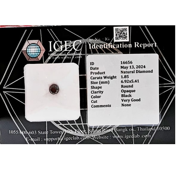 Natural Black Diamond 1.85 Ct. Round Brilliant Cut 6.92 x 5.41 Mm. From Belgium: Product ID: 502100410 Product Name: Natural Enhanced Diamond Weight: 1.85 CT. Size: 6.92 x 5.41 MM. Shape: Round Color: black Clarity:Opaque Luster: Very Good Gems Origin: Belgium Treatment: None Crys
