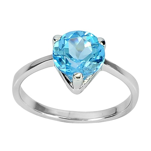 2.39 G. Natural Gem Round Swiss Blue Topaz Real 925 Sterling Silver Ring Size 7 (1 of 3)