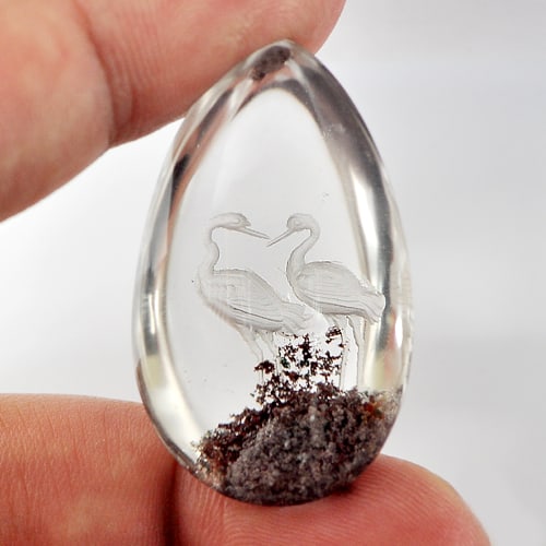 Natural Moss Quartz 75.00 Ct. Carving Birds Inner Pear Cabochon 36 x 22 Mm. Gemstone from Thailand: Product ID: 805527089 Product Name: Natural Quartz Weight: 75.00 CT. Size: 36 x 22 x 15 MM. Shape: Pear Cabochon Color: White Clarity:Semi - Transparent Luster: Good Gems Origin: Thailand Treatment: U