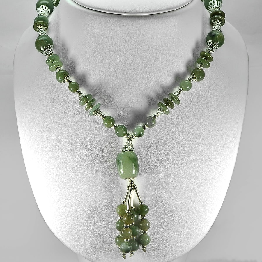 456.49 Ct. Nice Natural Green Jade Bead Nickel Necklace Length 16 Inch. (1 of 3)