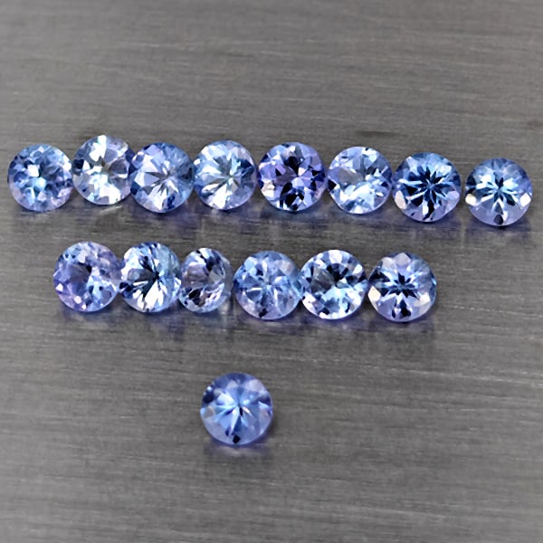 Natural Violetish Blue Tanzanite 1.30 Ct. 15 Pcs Round Diamond Cut 2.5 Mm Gemstone from Tanzania: Product ID: 807015064 Product Name: Natural Tanzanite Weight: 1.30 CT. Size: 2.5 x 2.5 x 1.6 MM. Shape: Round Diamond Cut Color: Violetish Blue Clarity:SI1 Luster: Good Gems Origin: Tanzania Treatment