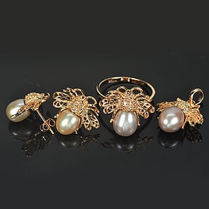 Natural Pearl 925 Sterling Silver Jewelry Set Rose Gold Plated Pendant Ring Size 9 and Earrings (1 of 3)