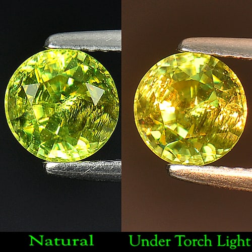 Natural Green Sphene With Rainbow Spark 1.34 Ct. Round Shape 6.5 Mm. Gemstone From Madagascar: Product ID: 106500017 Product Name: Natural Sphene Weight: 1.34 CT. Size: 6.5 x 6.5 x 4.5 MM. Shape: Round Color: Green Clarity:Si Luster: Good Gems Origin: Madagascar Treatment: Unheated Crystal Stru