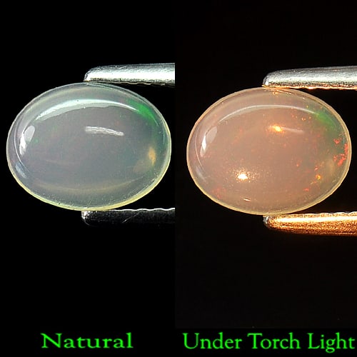 Natural Multi Color Opal 1.41 Ct. Oval Cabochon Shape 9.4 x 7 Mm. Unheated Gemstone: Product ID: 818722156 Product Name: Natural Opal Weight: 1.41 CT. Size: 9.4 x 7 x 4.4 MM. Shape: Oval Cabochon Color: Multi Color Clarity:Semi - Transparent Luster: Strong Iridescent Gems Origin: Ethi