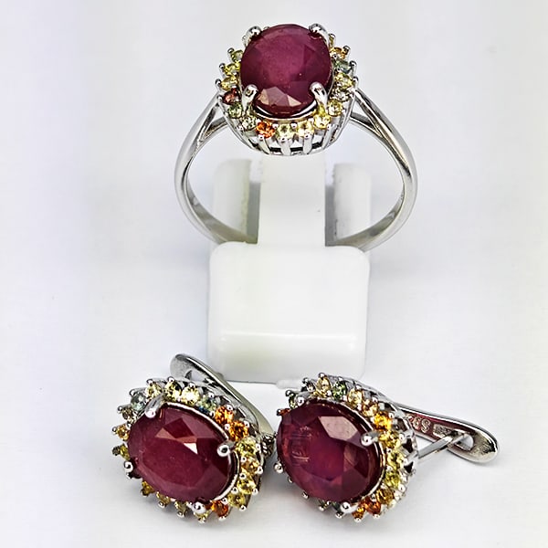 Natural Red Ruby and Sapphire 925 Sterling Silver Jewelry Sets 9.50 Grams Earring and Ring Size 8 (1 of 3)