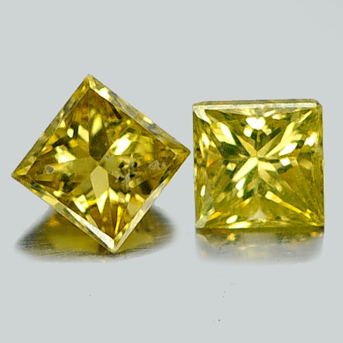 Natural Yellow Loose Diamond 0.36 Ct. 2 Pcs. Square Princess Cut 3.1 Mm From Belgium: Product ID: 802102970 Product Name: Natural Enhanced Diamond Weight: 0.36 CT. Size: 3.1 x 3.1 x 2.3 MM. Shape: Square Princess Cut Color: Yellow Clarity:VSI - SI1 Luster: Scintillating Gems Origin: Be