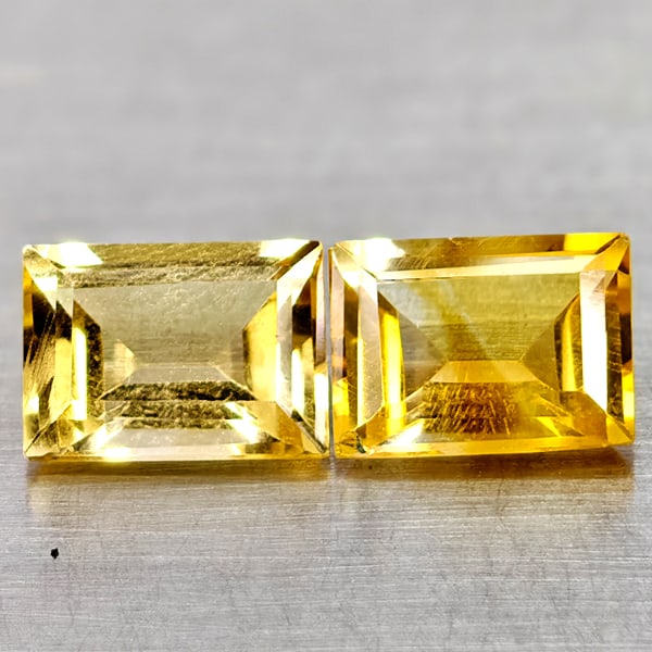 Natural Yellow Citrine 2.94 Ct. 2 Pcs Clean Baguette Shape 8.1 x 5.8 Mm Gemstones From Brazil: Product ID: 801815083 Product Name: Natural Citrine Weight: 2.94 CT. Size: 8.1 x 5.8 x 4.3 MM. Shape: Baguette Color: Yellow Clarity:VSI Luster: Good Gems Origin: Brazil Treatment: Unheated Crystal St