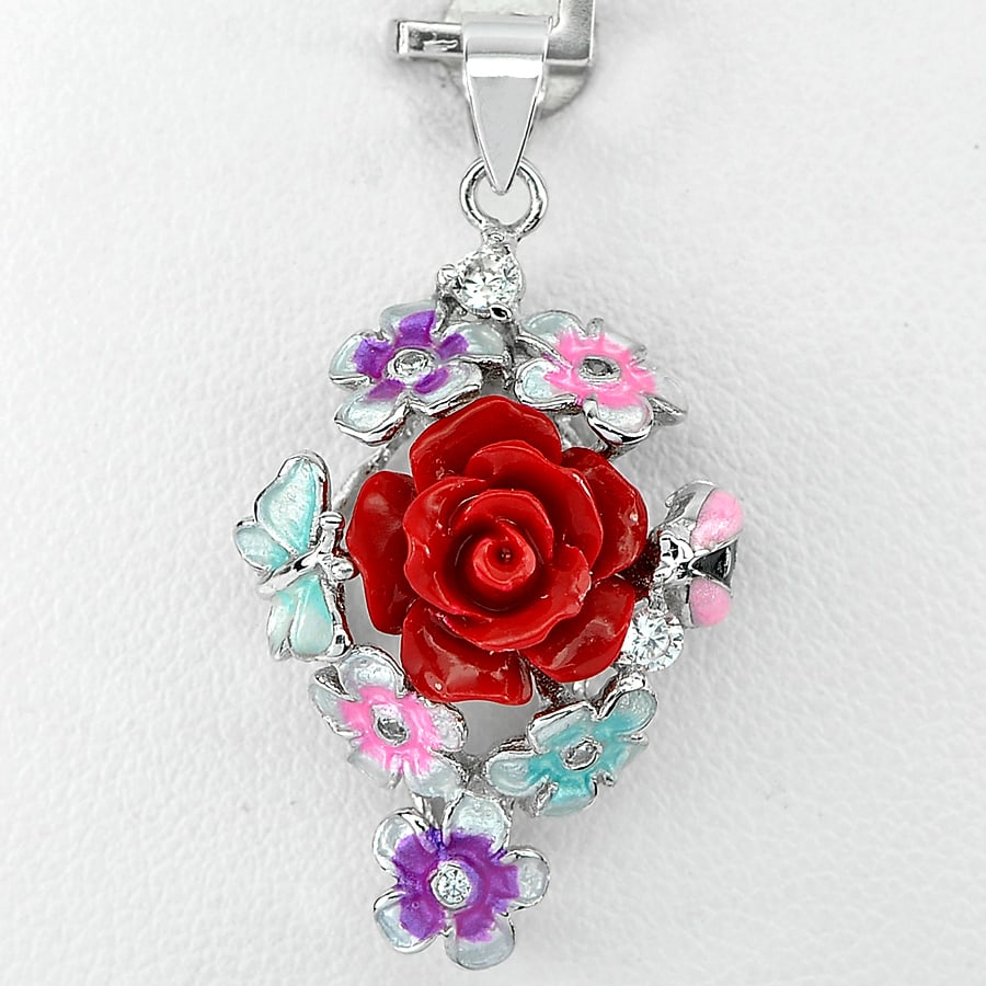 925 Sterling Silver Pendant Jewelry Lovely Red Flower Resin 3.28 Grams (1 of 3)