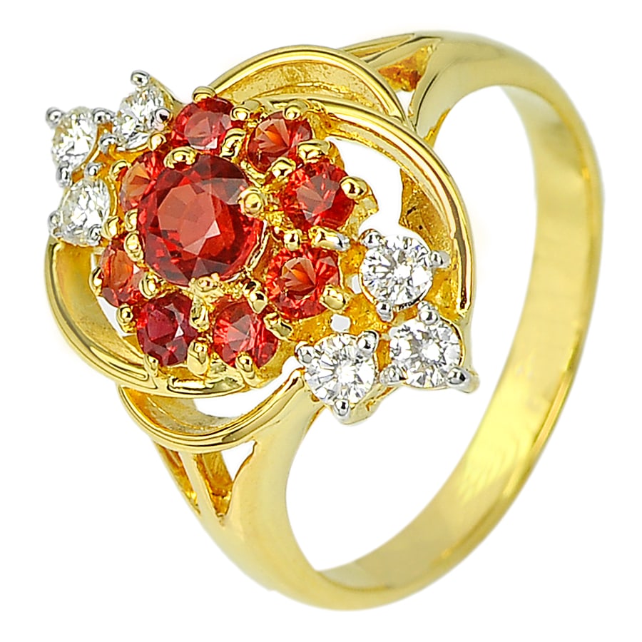 Natural Red Songea Sapphire 0.70 Ct. and Diamond 0.25 Ct. 18K Yellow Gold Ring Jewelry 4.87 G. Size: Jewelry Setting Metal: 18K Yellow Gold Jewelry Weight: 4.87 Grams. Ring Size: 7 Resizable(Fee) Diamond Details Total Diamond Weight: 0.25 CT. Diamond Size: 2.2 Mm. 6 Pcs. Gemstones Details Product ID: