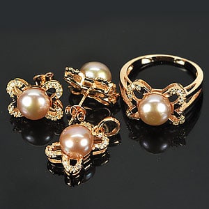 Natural Pearl 925 Sterling Silver Jewelry Set Rose Gold Plated Pendant Ring size 9 and Earrings (1 of 3)
