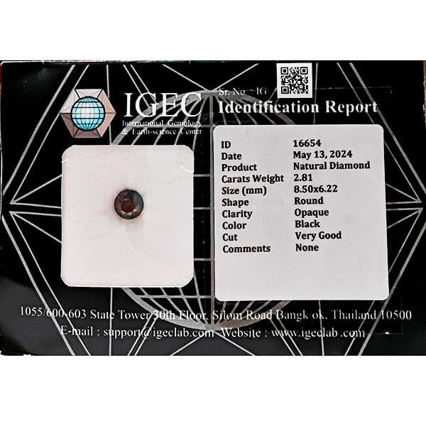 Natural Black Diamond 2.81 Ct. Round Brilliant Cut 8.50 x 6.22 Mm. From Belgium: Product ID: 502100427 Product Name: Natural Enhanced Diamond Weight: 2.81 CT. Size: 8.50 x 6.22 MM. Shape: Round Color: Black Clarity:Opaque Luster: Very Good Gems Origin: Belgium Treatment: None Crys