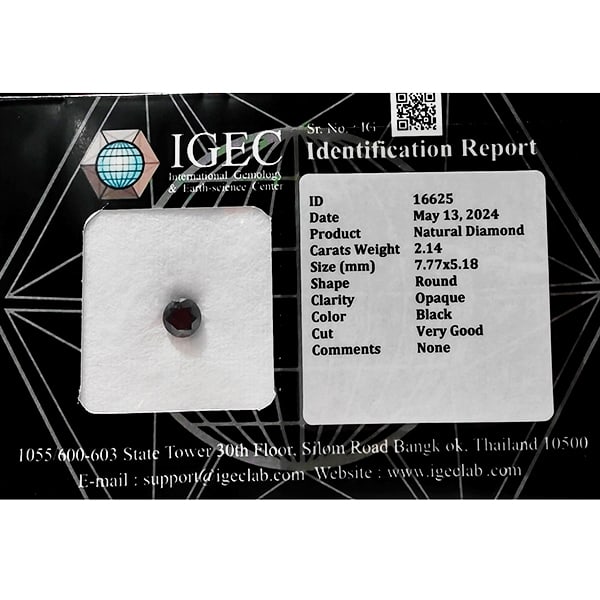 Certified Natural Black Diamond 2.14 Ct. Round Brilliant Cut 7.77 x 5.18 Mm: Product ID: 502100456 Product Name: Natural Enhanced Diamond Weight: 2.14 CT. Size: 7.77 x 5.18 MM. Shape: Round Brilliant Cut Color: Black Clarity:Opaque Luster: Very Good Gems Origin: Belgium Treatm