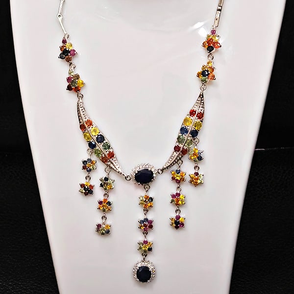 Natural Sapphire and Ruby 925 Sterling Silver Necklace Jewelry 28.29 G. Length 16 Inch. (1 of 3)