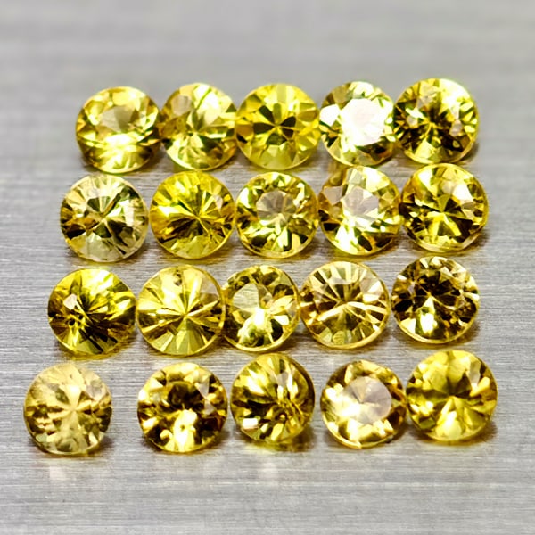 Natural Yellow Songea Sapphire 0.99 Ct. 20 Pcs Round Diamond Cut 2.1 Mm Gemstones From Tanzania: Product ID: 806162386 Product Name: Natural Yellow Sapphire Weight: 0.99 CT. Size: 2.1 x 2.1 x 1.5 MM. Shape: Round Diamond Cut Color: Yellow Clarity:VSI - SI1 Luster: Good Gems Origin: Tanzania Treat