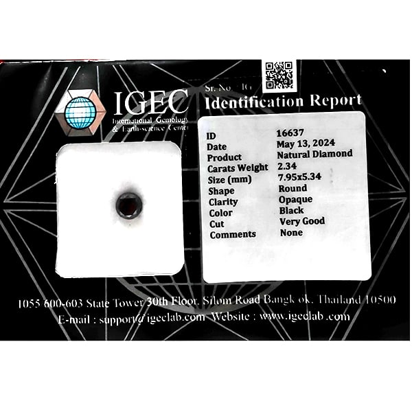 Natural Black Diamond 2.34 Ct. Round Brilliant Cut 7.95 x 5.34 Mm. From Belgium: Product ID: 502100405 Product Name: Natural Enhanced Diamond Weight: 2.34 CT. Size: 7.95 x 5.34 MM. Shape: Round Color: black Clarity:Opaque Luster: Very Good Gems Origin: Belgium Treatment: None Crys