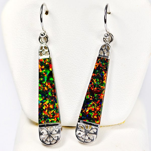 925 Sterling Silver Loop Earrings Jewelry 3.78 Grams With Multi Color Orange Created Opal (1 of 3)