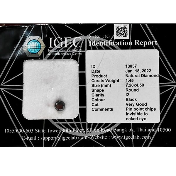 Certified Natural Black Diamond 1.45 Ct. Round Brilliant Cut 7.20 x 4.50 Mm: Product ID: 502100450 Product Name: Natural Enhanced Diamond Weight: 1.45 CT. Size: 7.20 x 4.50 MM. Shape: Round Brilliant Cut Color: Black Clarity:Opaque Luster: Very Good Gems Origin: Belgium Treatm