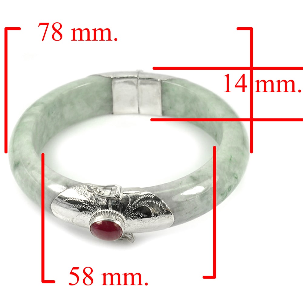 Natural Green Jade Bangle 361.05 Ct. with Silver Diameter 58 Mm. and Natural Red Ruby: Product ID: 819814636 Product Name: Natural Jade Weight: 361.02 CT. Size: 78 x 58 x 14 MM. Shape: Round Color: Green Clarity:Opaque Luster: Good Gems Origin: Thailand Treatment: Unheated Crystal Struc