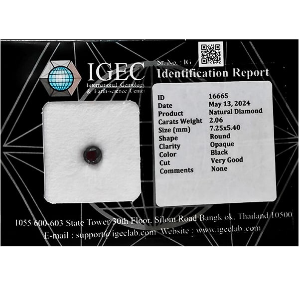 Certified Natural Black Diamond 2.06 Ct. Round Brilliant Cut 7.25 x 5.40 Mm: Product ID: 502100479 Product Name: Natural Enhanced Diamond Weight: 2.06 CT. Size: 7.25 x 5.40 MM. Shape: Round Brilliant Cut Color: Black Clarity:Opaque Luster: Very Good Gems Origin: Belgium Treatm