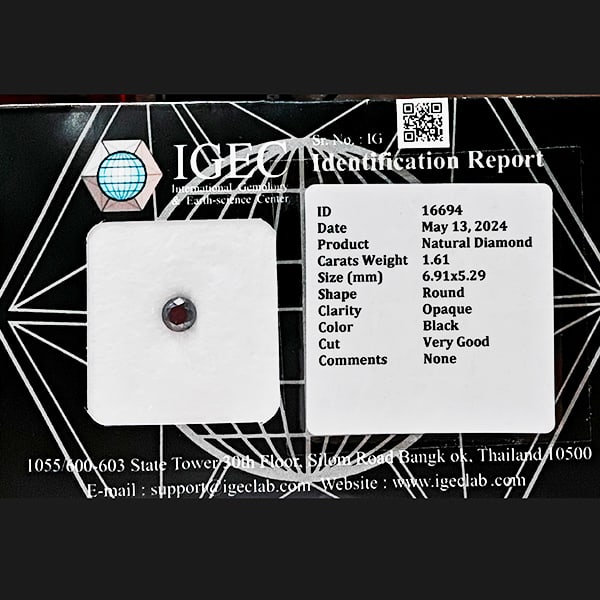 Certified Natural Black Diamond 1.61 Ct. Round Brilliant Cut 6.91 x 5.29 Mm From Belgium: Product ID: 502100472 Product Name: Natural Enhanced Diamond Weight: 1.61 CT. Size: 6.91 x 5.29 MM. Shape: Round Brilliant Cut Color: Black Clarity:Opaque Luster: Very Good Gems Origin: Belgium Treatm