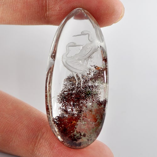 Natural Moss Quartz 75.00 Ct. Carving Birds Inner Pear Cabochon 43 x 19 Mm Gemstone From Thailand (1 of 3)