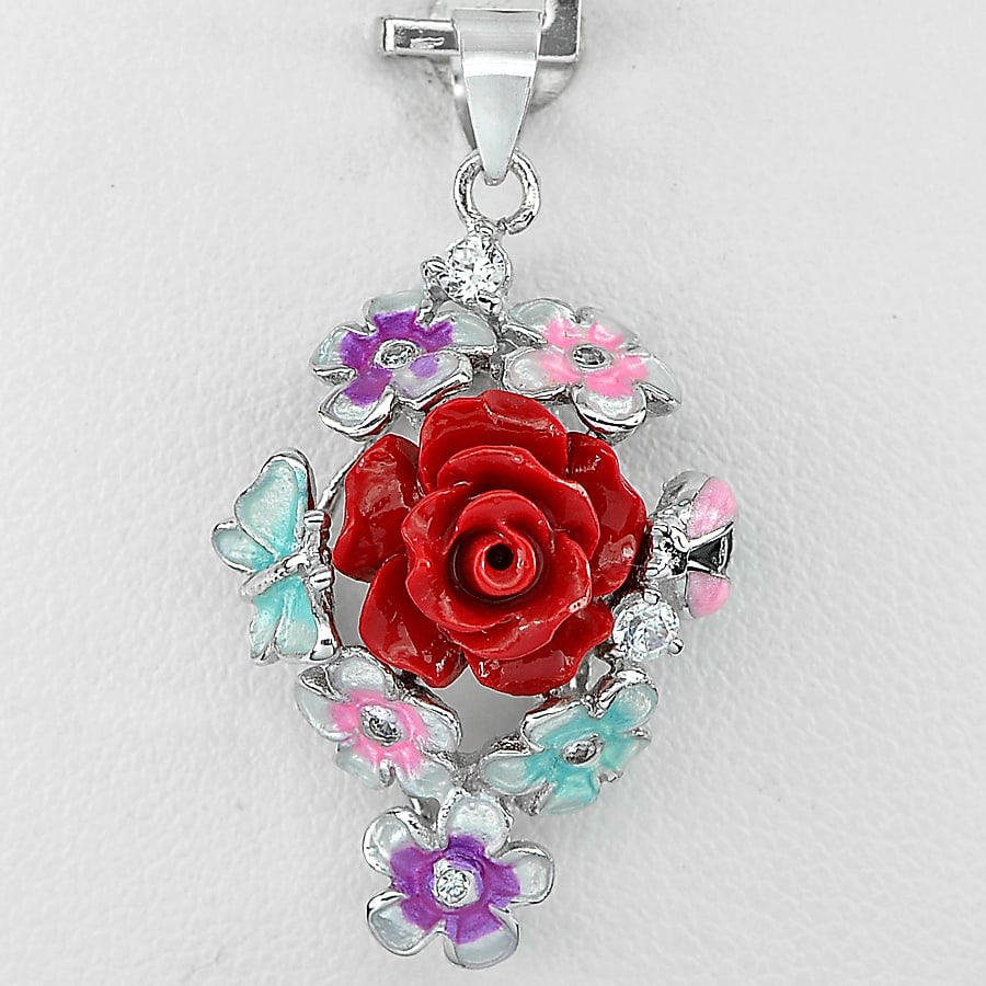 3.22 G. Real 925 Sterling Silver Pendant Charming Red Flower Resin and Enamel (1 of 3)