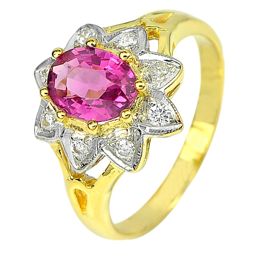 Natural Pink Tourmaline 1.00 Ct. and White Diamond 0.14 Ct. 14K Yellow Gold Ring Size 6.5 (1 of 3)