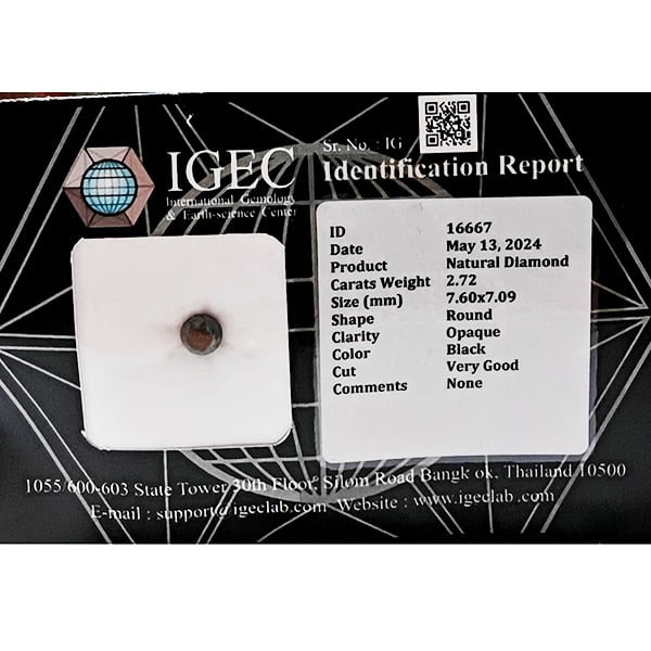 Certified Natural Black Diamond 2.72 Ct. Round Brilliant Cut 7.60 x 7.09 Mm From Belgium (1 of 3)