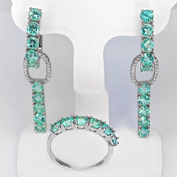 Natural Neon Blue Apatite 925 Sterling Silver Jewelry Sets 10.46 Grams Earrings And Ring Size 8 (1 of 3)