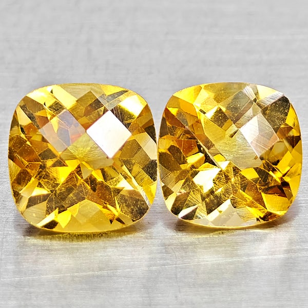 Natural Yellow Citrine 1.68 Ct. 2 Pcs Cushion Checkerboard Cut 6.2 x 6.2 Mm Gemstones From Brazil: Product ID: 801815256 Product Name: Natural Citrine Weight: 1.68 CT. Size: 6.2 x 6.2 x 4.1 MM. Shape: Cushion Checkerboard Cut Color: Yellow Clarity:VVS - VSI Luster: Good Gems Origin: Brazil Treatmen