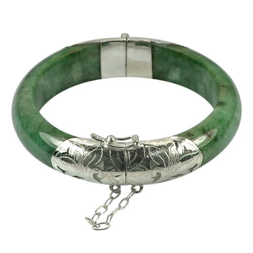 Natural Green Jade Bangle 279.66 Ct. Diameter 57 Mm. With Silver (1 of 3)