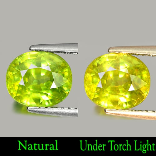 Natural Yellowish Green Sphene 2.68 Ct. Oval Shape 8.5 x 7.2 Mm. Unheated Gemstone: Product ID: 806505787 Product Name: Natural Sphene Weight: 2.68 CT. Size: 8.5 x 7.2 x 5.3 MM. Shape: Oval Color: Yellowish Green With Rainbow Clarity:SI1 Luster: Scintillating Gems Origin: Madagascar