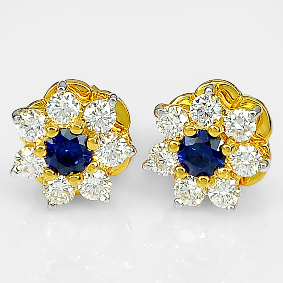 Natural Blue Sapphire 0.19 Ct. with White Diamond 0.38 Ct. 18K Yellow Gold Earrings 2.4 G. (1 of 3)
