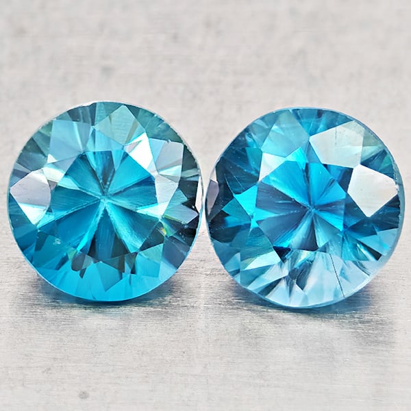 Natural Blue Zircon 1.69 Ct. 2 Pcs Round Diamond Cut 5.3 Mm Gemstones From Cambodia (1 of 3)