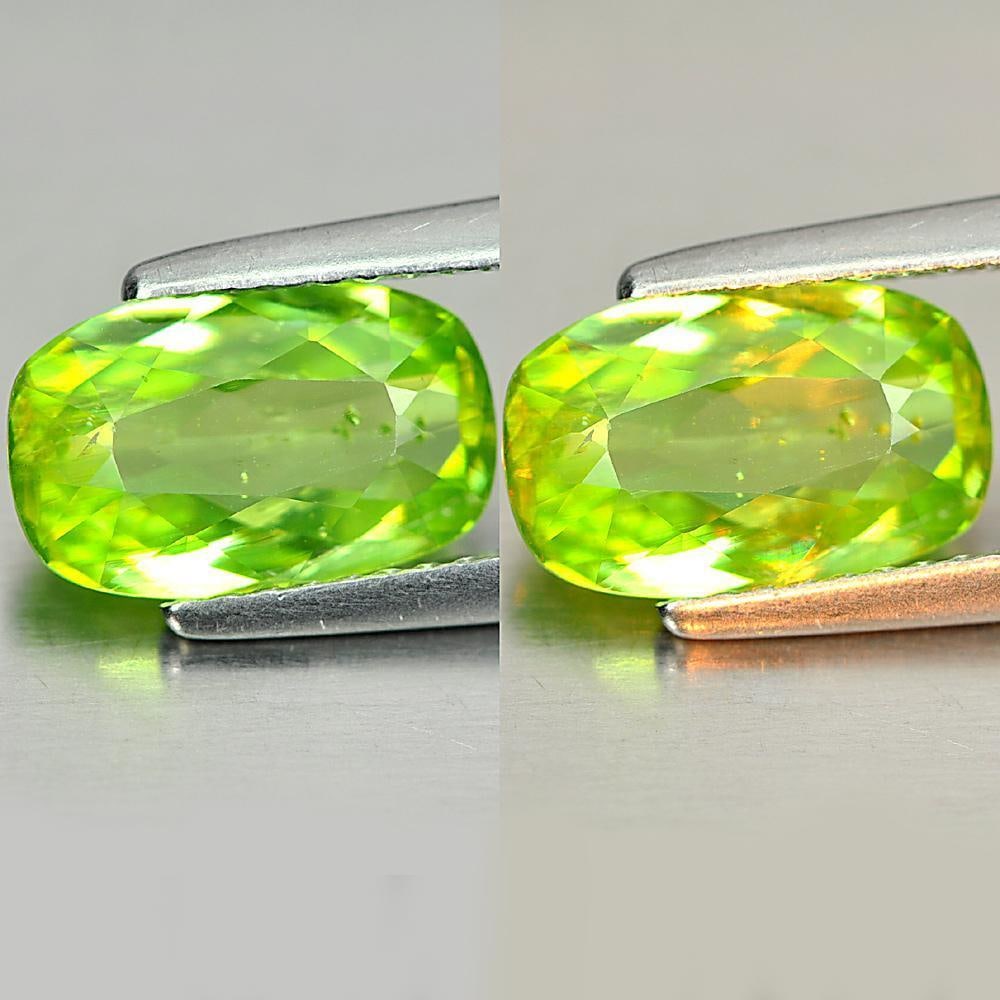 Natural Green Titanium Sphene Rainbow Spark 2.17 Ct. Cushion 10.3 x 6.5 Mm. Unheated Gemstone: Product ID: 806507797 Product Name: Natural Sphene Weight: 2.17 CT. Size: 10.3 x 6.5 x 3.4 MM. Shape: Cushion Color: Green Clarity:VSI Luster: Adamantine Gems Origin: Madagascar Treatment: Unheated Cr