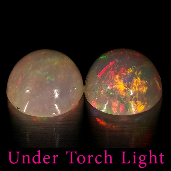 Natural Multi Color Opal 2.07 Ct. 2 Pcs Round Cabochon Shape 7.3 Mm Gemstones From Ethiopia: Product ID: 818728210 Product Name: Natural Opal Weight: 2.07 CT. Size: 7.3 x 7.3 x 4.3 MM. Shape: Round Cabochon Color: Multi-Color Clarity:Semi - Transparent Luster: Good Gems Origin: Ethiopia Treat