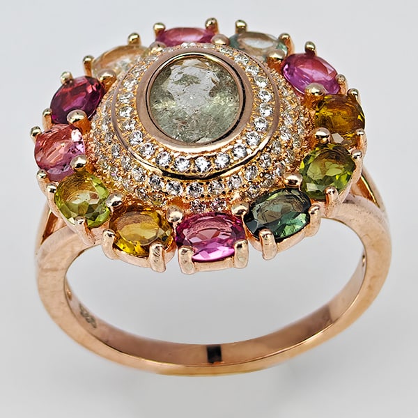 Natural Mulit Color Tourmaline Real 925 Sterling Silver Jewelry Rose Gold Plated 5.35 G. Ring Size 8 (1 of 3)