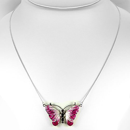 Natural Garnet 925 Sterling Silver Necklage Jewelry 18 Inch. Purple Butterfly Enamel Design (1 of 3)
