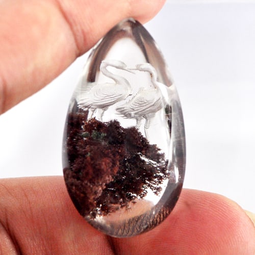 Natural Moss Quartz Carving Birds Inner 75 Ct. Pear Cabochon Shape 39 x 22 x 17 Mm. Gemstone (1 of 3)
