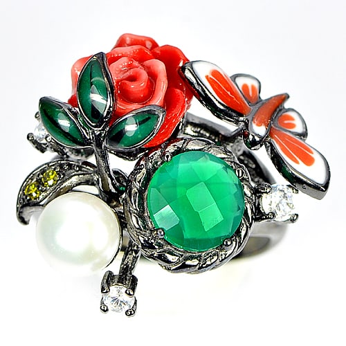 Natural Aventurine and White Pearl Real 925 Sterling Silver Oxidize Ring Size 9 (1 of 3)