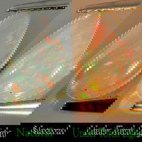 Natural Multi Color Opal 1.11 Ct. Pear Cabochon Shape 11 x 7.7 Mm Gemstone From Ethiopia: Product ID: 818727473 Product Name: Natural Opal Weight: 1.11 CT. Size: 11 x 7.7 x 2.9 MM. Shape: Pear Cabochon Color: Multi-Color Clarity:Semi - Transparent Luster: Iridescent Gems Origin: Ethiopia T