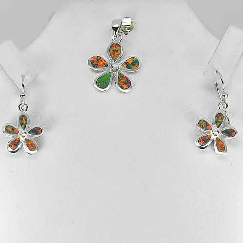 925 Sterling Silver Sets Flower Pendant And Earrings with Multi Color Orange Created Opal 7.49 G. (1 of 3)