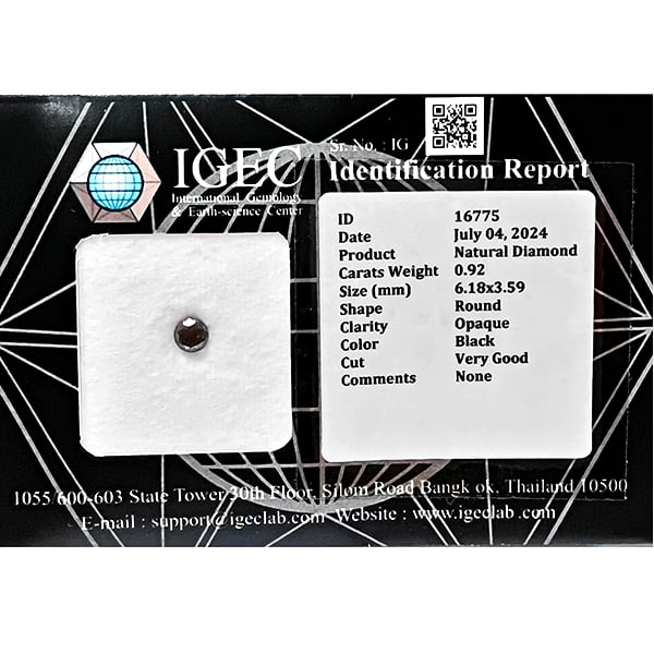 Certified Natural Black Diamond 0.92 Ct. Round Brilliant Cut 6.18 x 3.59 Mm: Product ID: 502100463 Product Name: Natural Enhanced Diamond Weight: 0.92 CT. Size: 6.18 x 3.59 MM. Shape: Round Brilliant Cut Color: Black Clarity:Opaque Luster: Very Good Gems Origin: Belgium Treatm