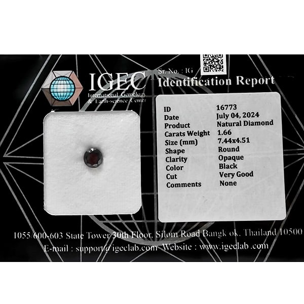 Certified Natural Black Diamond 1.66 Ct. Round Brilliant Cut 7.44 x 4.51 Mm (1 of 3)