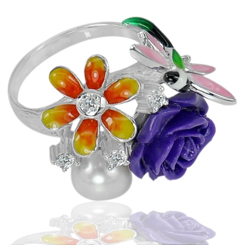 925 Sterling Silver Ring 8 Natural Gemstone Pearl and Rose Purple Resin 7.81 Grams: Product ID: 207102359 Product Type: 925 Sterling Silver Fine Jewelry Jewelry Weight: 7.81 Grams. Ring Size: 8 Resizable(Fee) Gemstones Color: White Metal: Solid Silver 92.5%. Gemstone Detail: White Pe