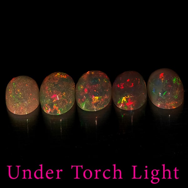 Natural Multi Color Opal 1.78 Ct. 5 Pcs Oval Cabochon Shape 6.1 x 4.1 Mm Gemstones from Ethiopia: Product ID: 818728082 Product Name: Natural Opal Weight: 1.78 CT. Size: 6.1 x 4.1 x 2.9 MM. Shape: Oval Cabochon Color: Multi-Color Clarity:Semi - Transparent Luster: Good Gems Origin: Ethiopia Treatm